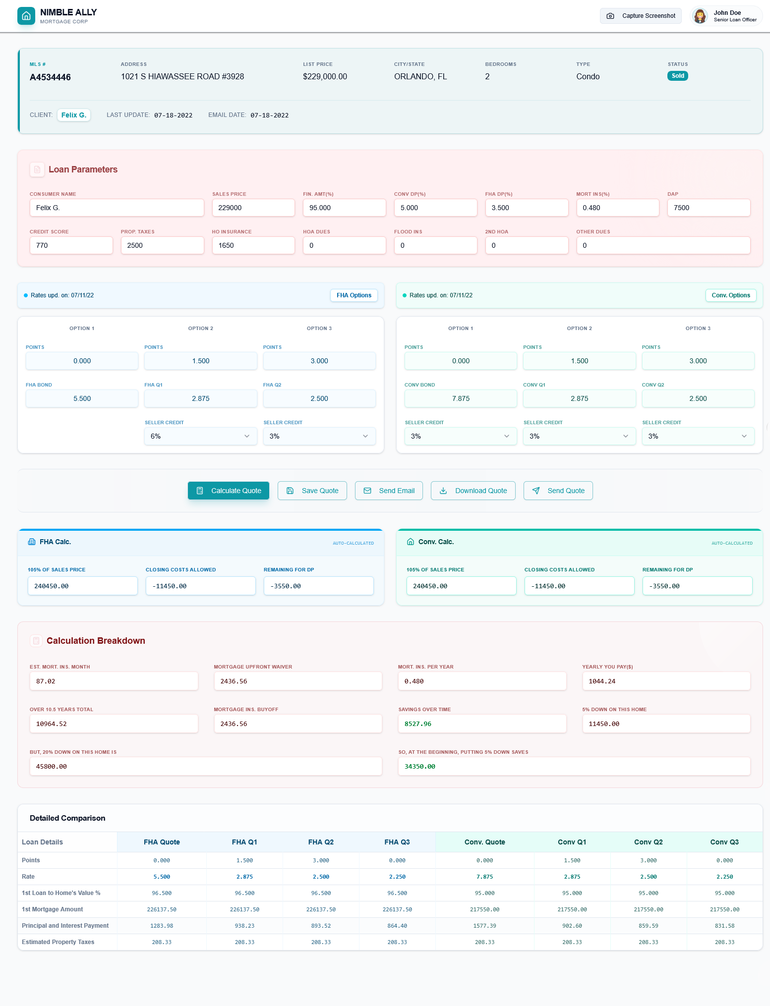 Mortgage Quote CRM - FinTech built with Laravel, MySQL, RETS IDX, JavaScript, jQuery, HTML5, Tailwind CSS, PDF Generation